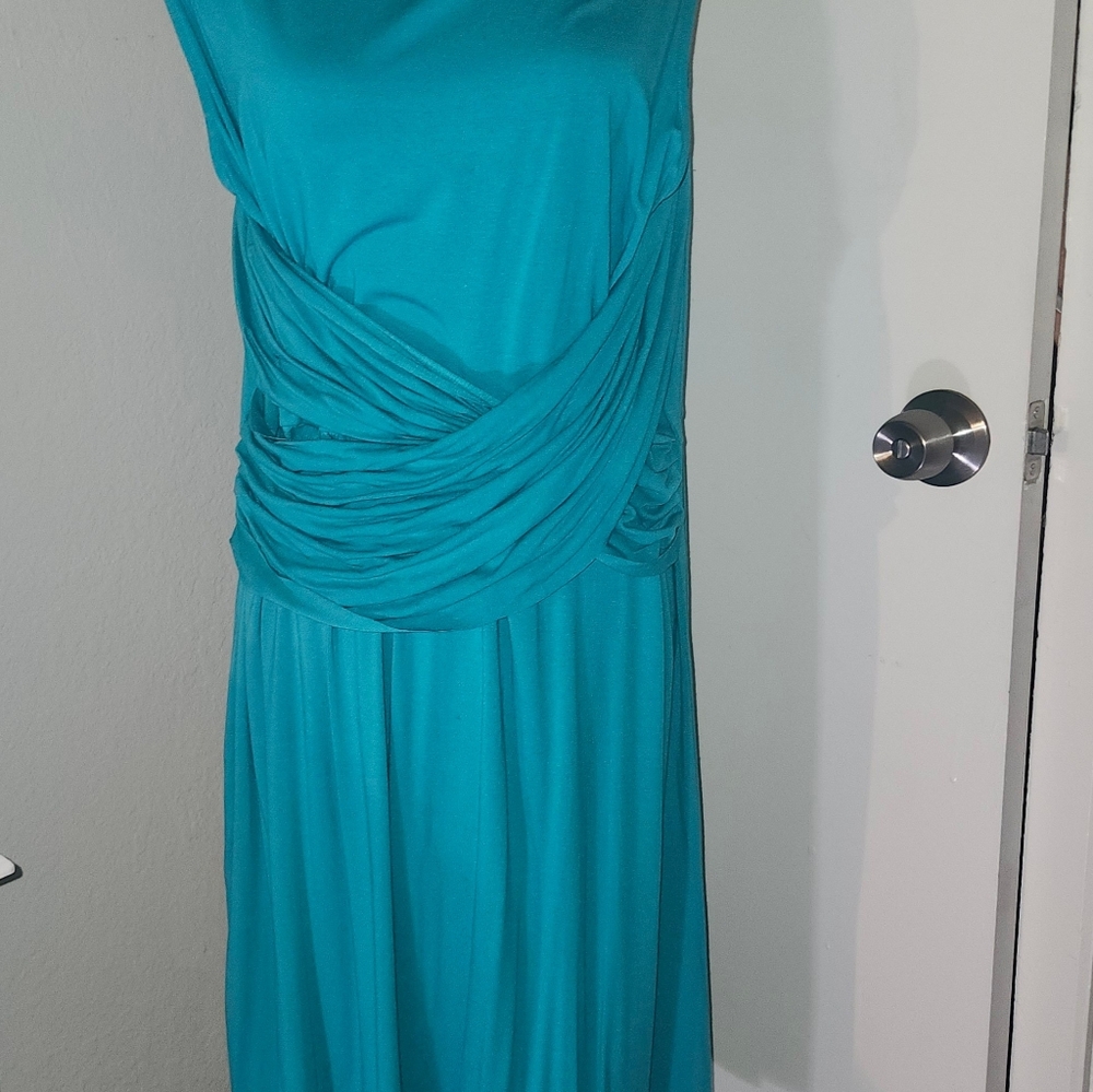 Aqua Draped Banded Waist Stretchy Knit Dress IX